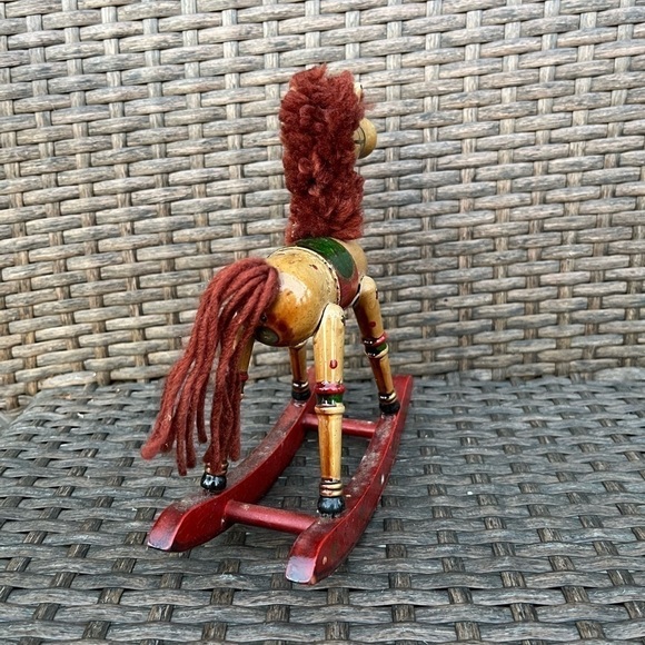 VINTAGE Wooden Rocking Horse Pony Yarn Mane Christmas Decor Handcrafted - Picture 6 of 7